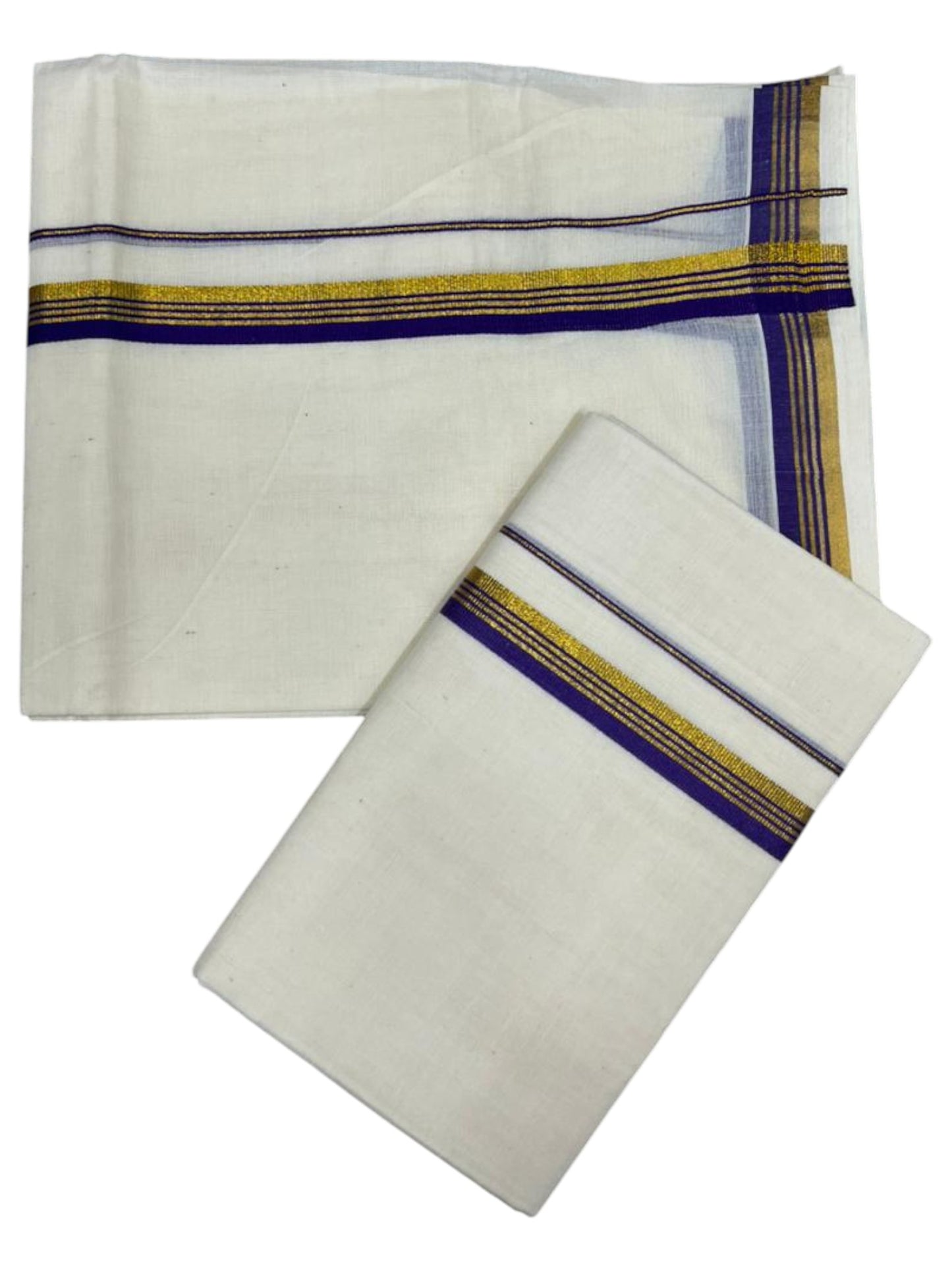 Pure Cotton Kerala Single Set Mundu (Mundum Neriyathum) with Violet Kasavu Border in 2.80 Mtrs