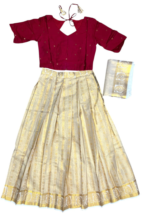 Southloom Stitched Tissue Dhavani Set with Pavada and Maroon Blouse Piece