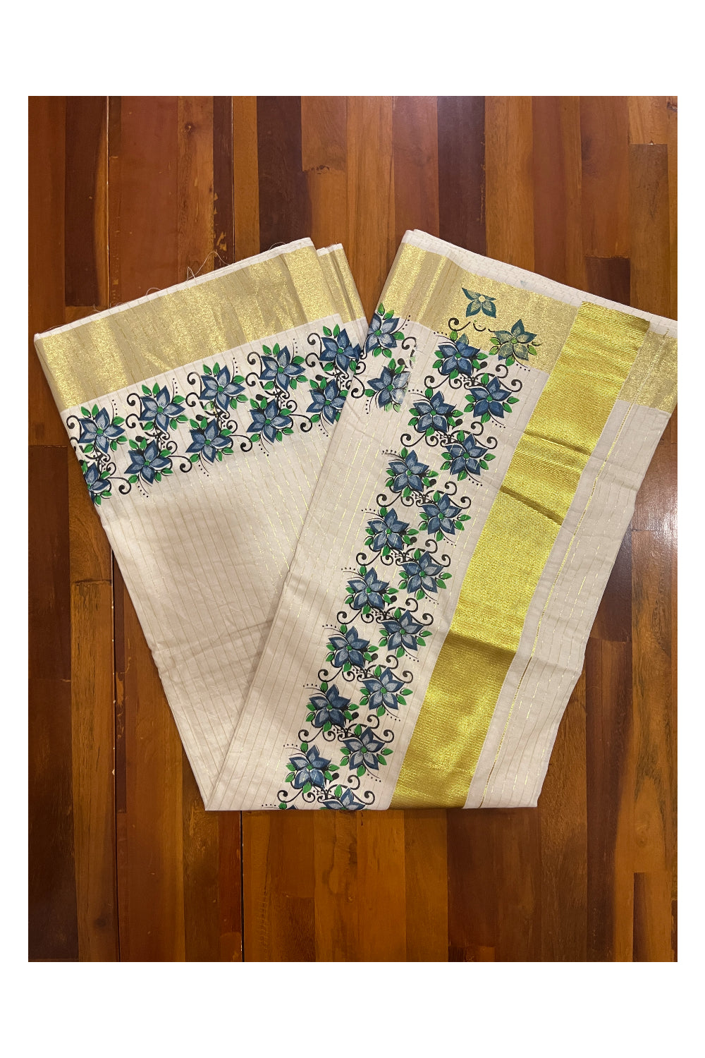 Southloom Onam 2023 Special Blue Floral Printed Lines Kasavu Saree