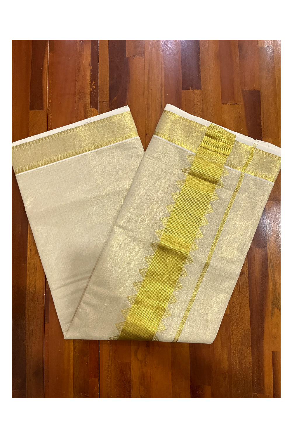 Kerala Tissue Kasavu Plain Saree With Temple Border and Pallu