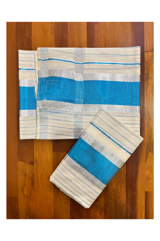 Kerala Cotton Set Mundu Single (Mundum Neriyathum) with Silver and Blue Kasavu Lines Across Body 2.80 Mtrs
