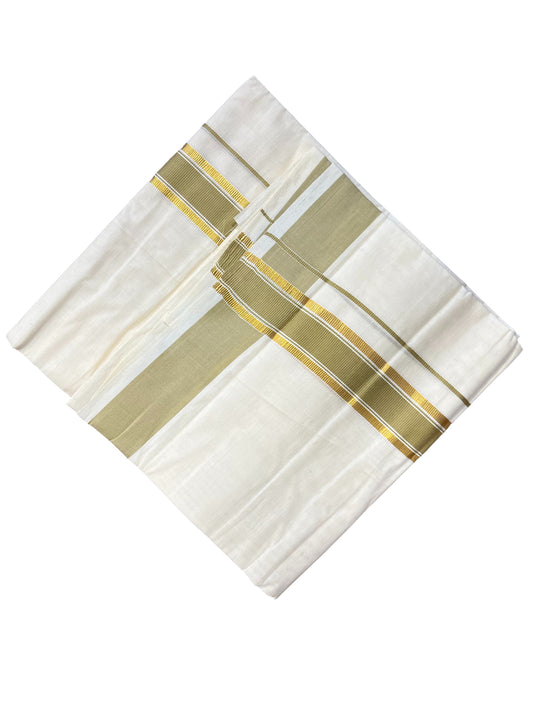 Southloom Pure Cotton Mundu with Gold Kasavu and Olive Green Colour Border (South Indian Kerala Dhoti)