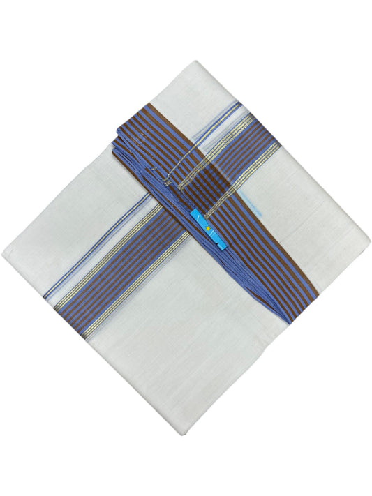 Southloom Balaramapuram Unakkupaavu Premium Handloom Cotton Double Mundu with Gold Kasavu and Blue Border