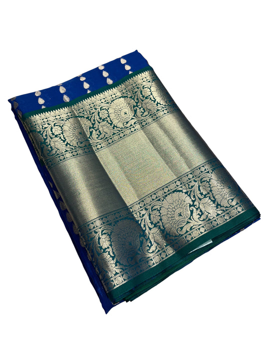 Southloom Semi Banarasi Katan Tissue Saree with Woven Work on Body and Borders (Green & Blue)
