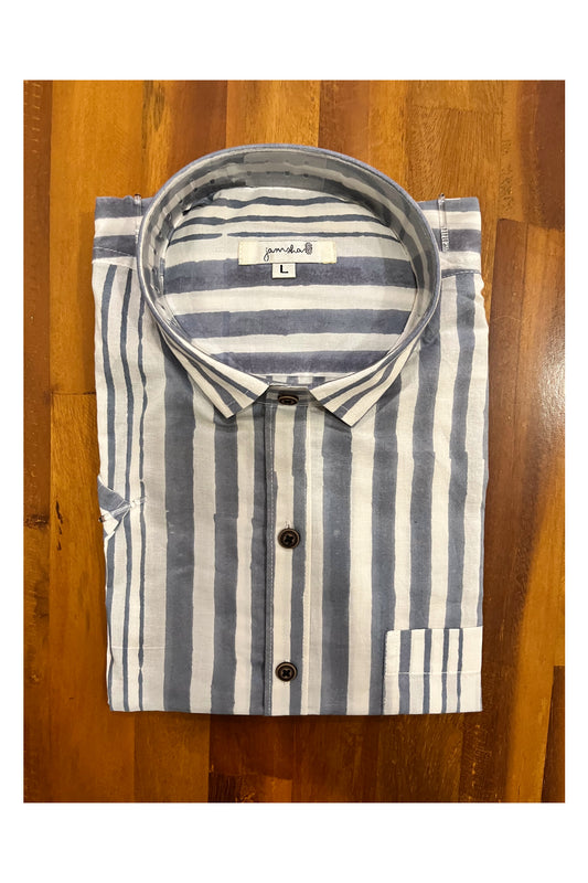 Southloom Jaipur Cotton Grey Lines Design Hand Block Printed Shirt (Half Sleeves)