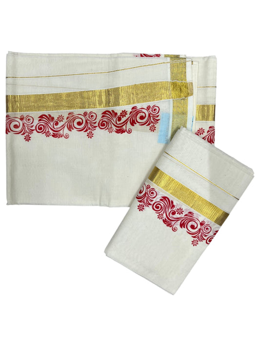 Southloom Pure Cotton Kerala Single Floral Print Set Mundu (Mundum Neriyathum) Red Border in 2.80 mtrs SL245
