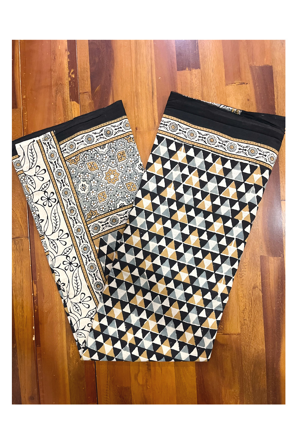 Southloom Pure Cotton Black Grey Yellow Block Printed Saree