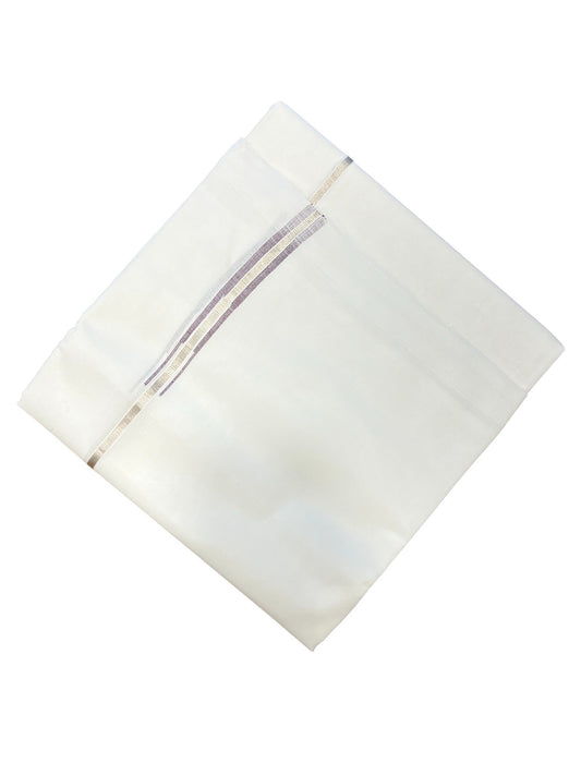 Pure White Cotton Double Mundu with Silver and Violet Chutti Kara (South Indian Dhoti)