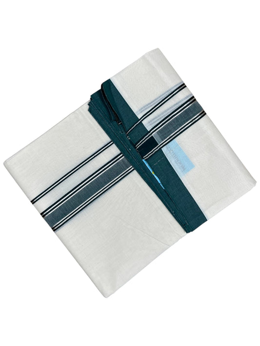 Southloom Pure Cotton Mundu with Silver Lines and Green Border (South Indian Kerala Dhoti)