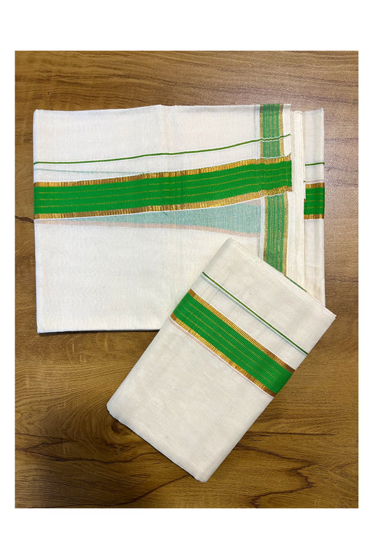 Kerala Cotton Set Mundu (Mundum Neriyathum) with Kasavu and Light Green Border