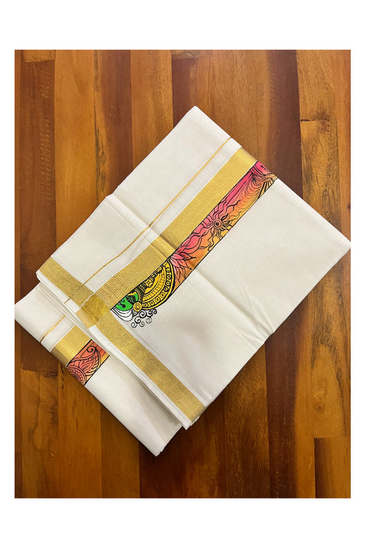 Pure Cotton Kerala Double Mundu with Kathakali Hand Painted Designs on Kasavu Border (Vishu Collection 2024)