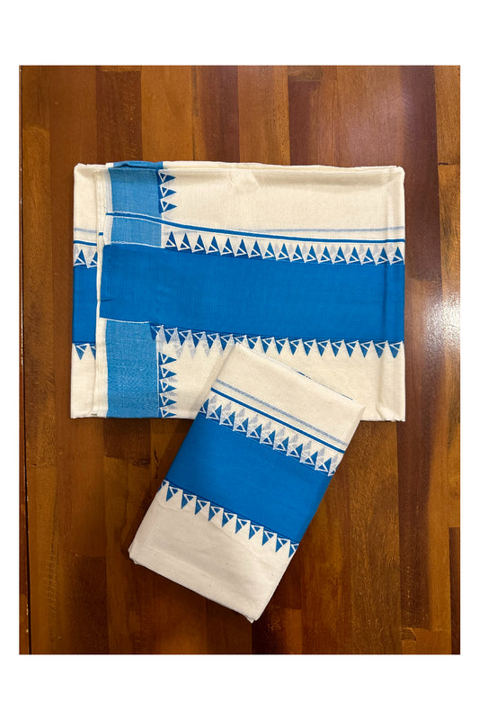 Cotton Single Set Mundu (Mundu Neriyathum) with Blue Temple Block Prints on Border 2.80 Mtrs