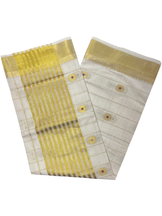 Southloom Cotton Kasavu Check Saree with Gold and Maroon Polka Dot Prints Across Body