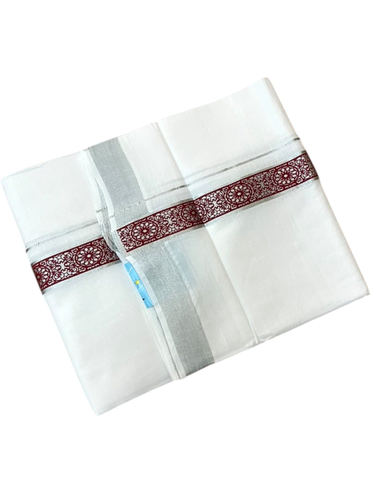 Southloom Pure White Cotton Mundu with Brick Red and Silver Kasavu Border (South Indian Kerala Dhoti)
