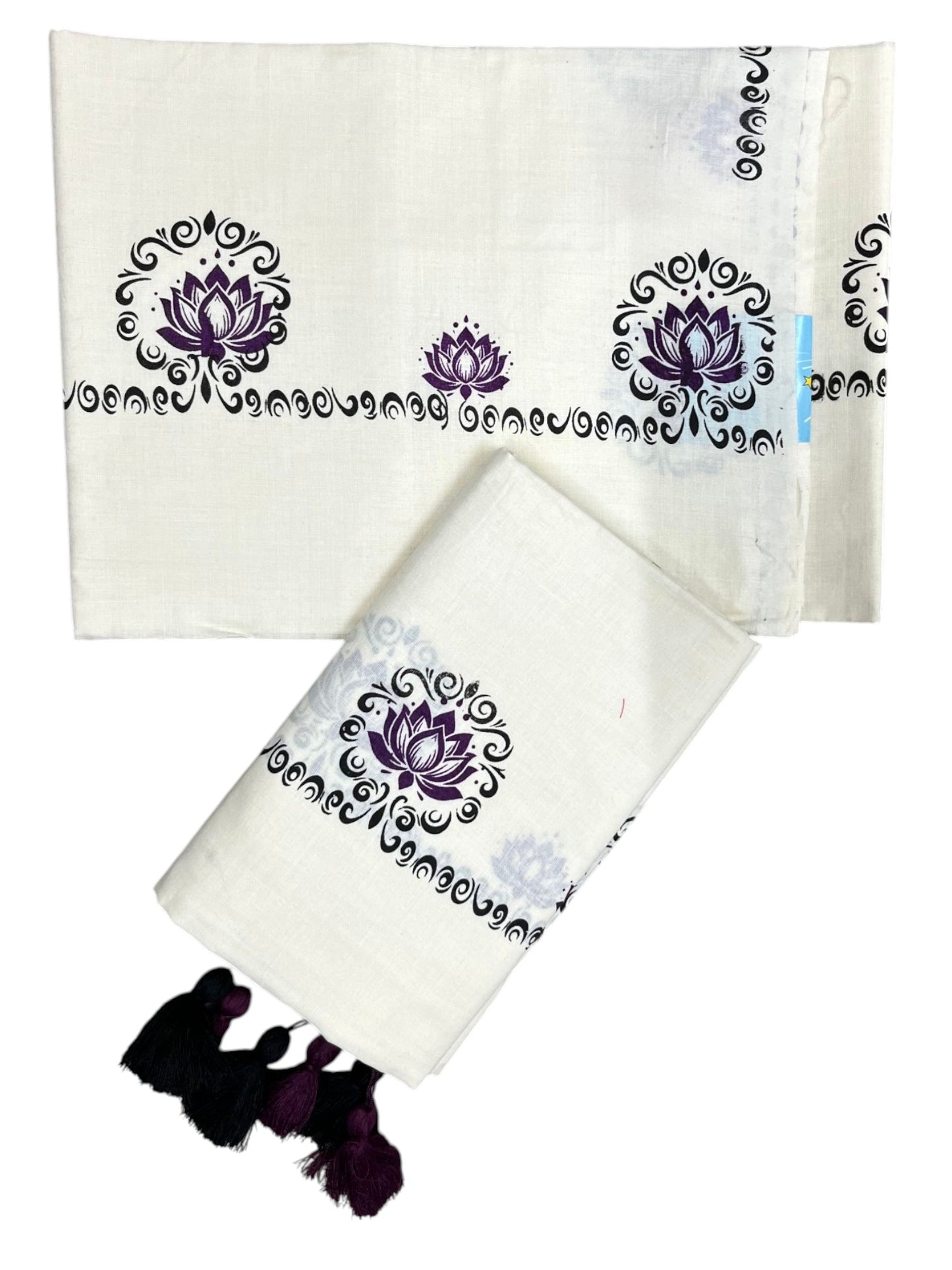 Southloom Kerala Cotton Single Set Mundu (Mundum Neriyathum) with Purple &Black Lotus Block Printed Design