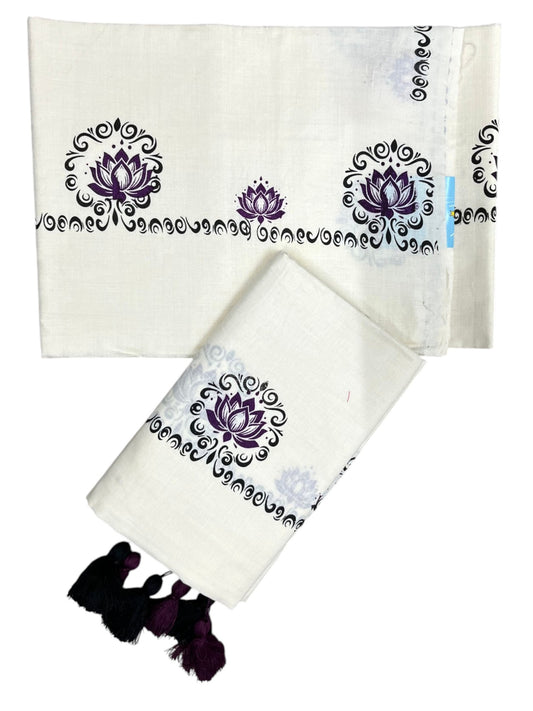 Southloom Kerala Cotton Single Set Mundu (Mundum Neriyathum) with Purple &Black Lotus Block Printed Design