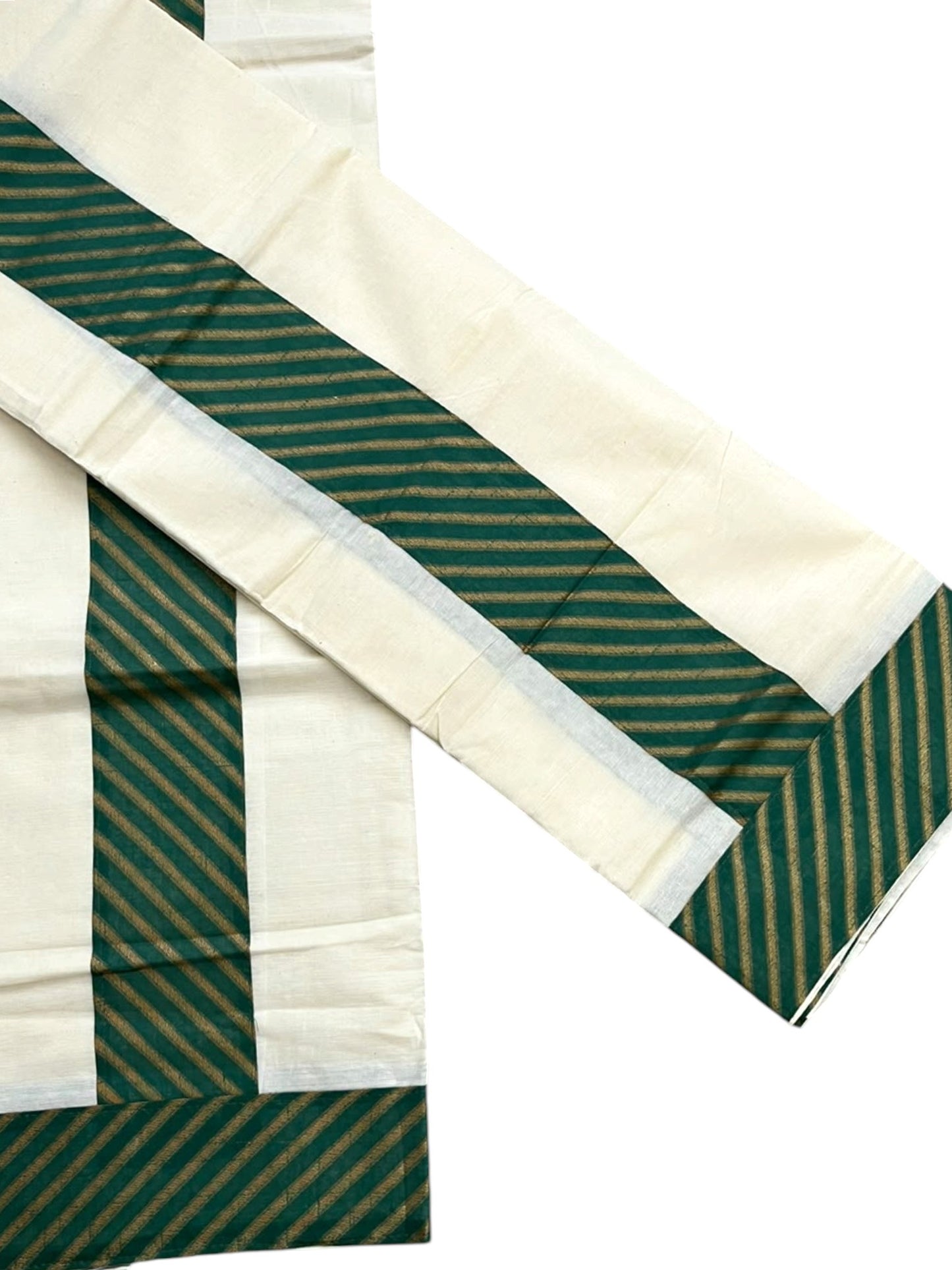 Southloom Pure Cotton Single Set Mundu (Mundum Neriyathum) With Green Border 2.80 Mtrs