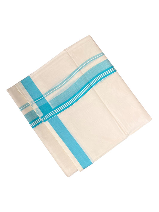 Southloom Pure Cotton Double Mundu With White Lines & Blue Border (South Indian Kerala Dhoti)