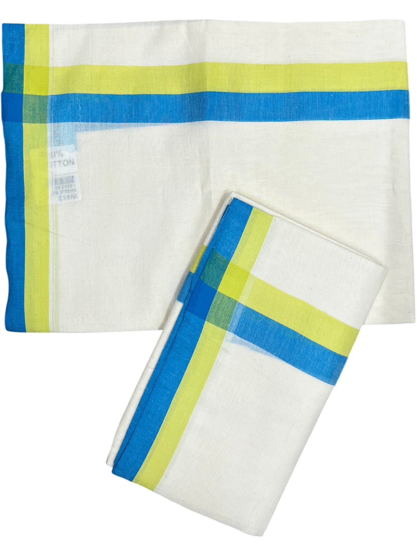 Southloom Pure Cotton Kerala Single Mulloth Set Mundu (Mundum Neriyathum) Green And Blue Border in 2.80 mtrs
