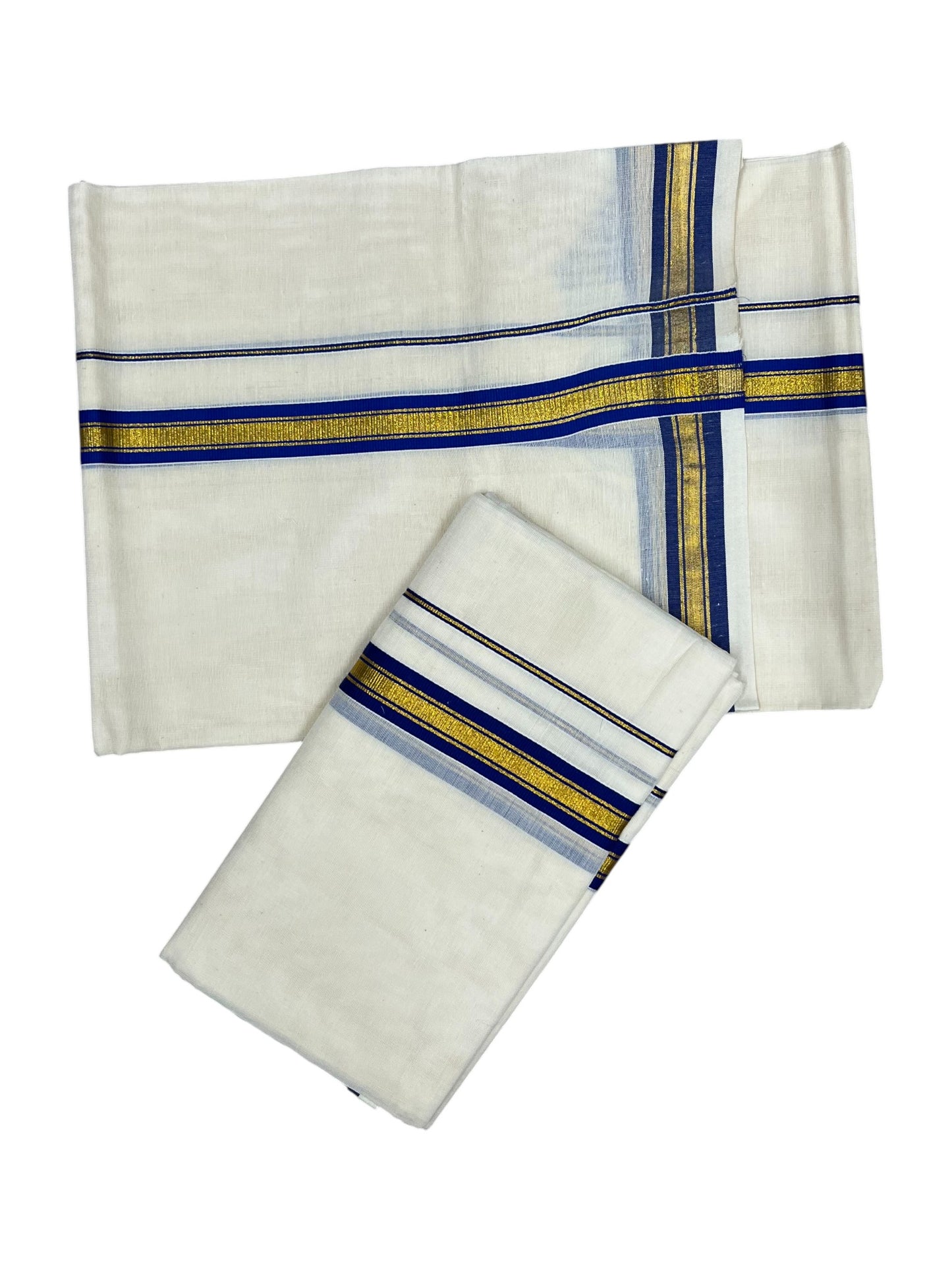 Pure Cotton Kerala Single Set Mundu (Mundum Neriyathum) with Blue Kasavu Border in 2.80 Mtrs