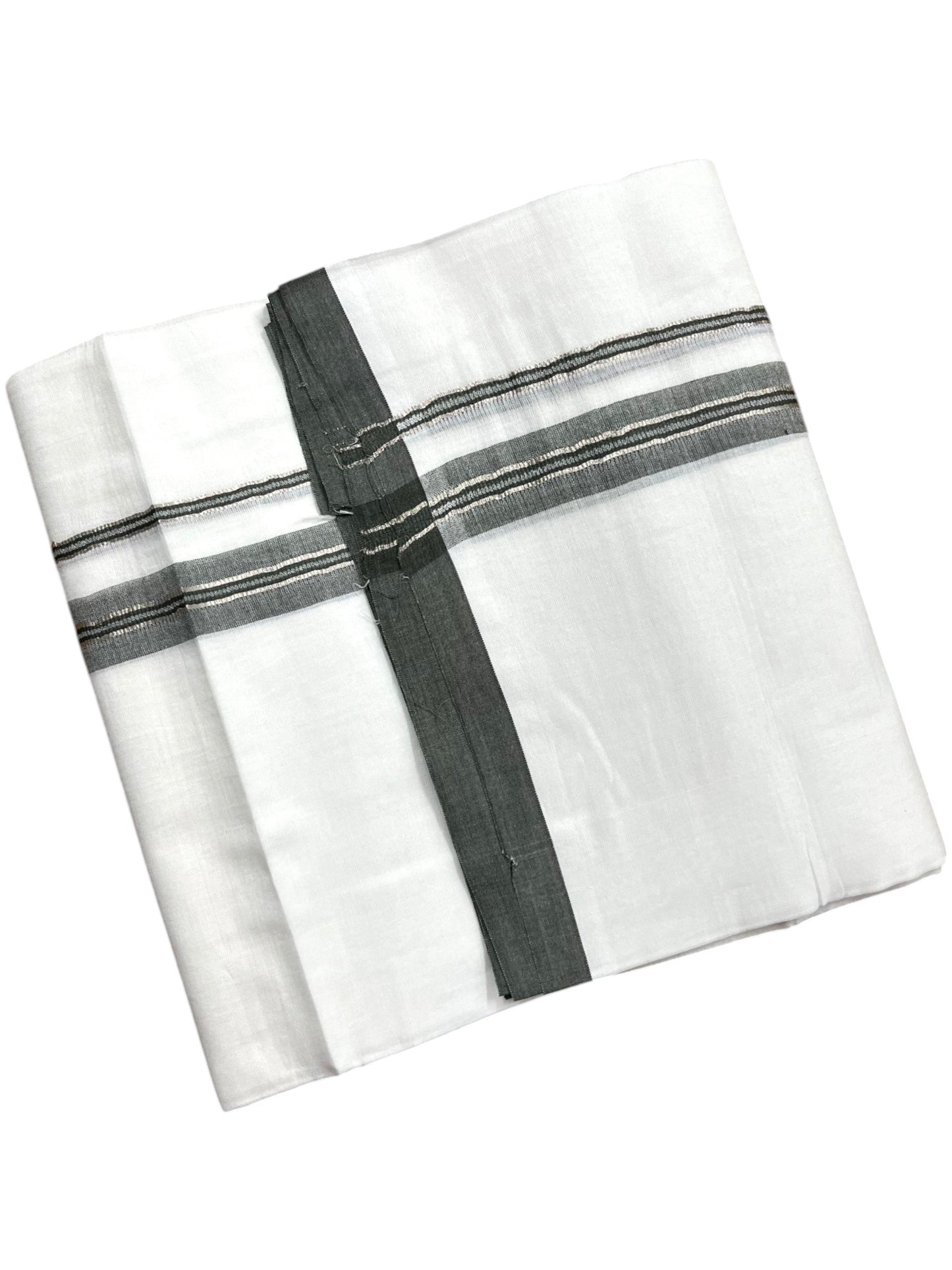 Southloom Pure White Cotton Mundu with Olive Green & Silver Line Border (South Indian Kerala Dhoti)