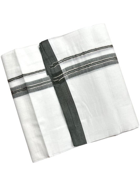 Southloom Pure White Cotton Mundu with Olive Green & Silver Line Border (South Indian Kerala Dhoti)