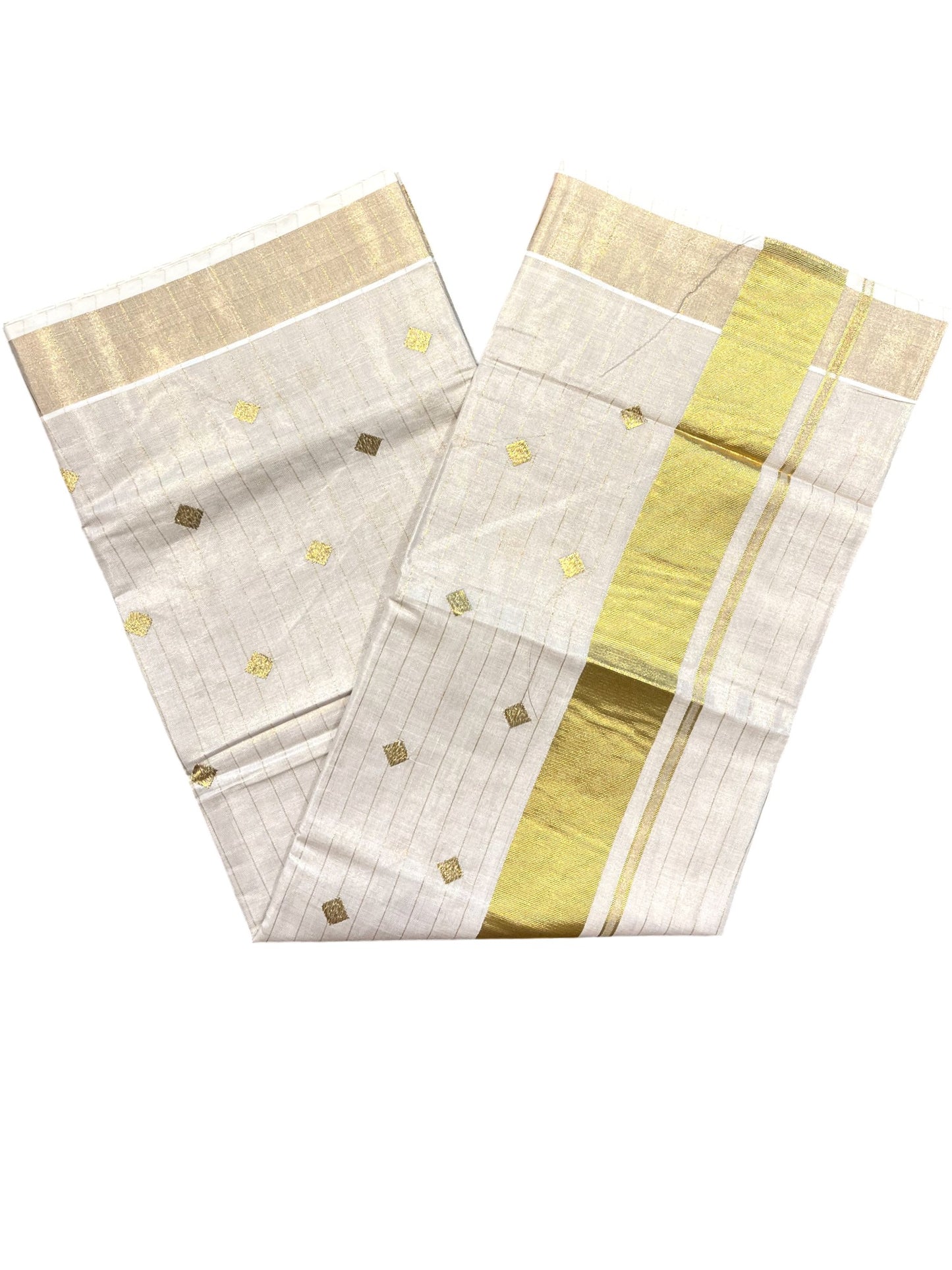 Southloom Kerala Tissue Kasavu Stripes Saree With Diagonal Embroidery on Body
