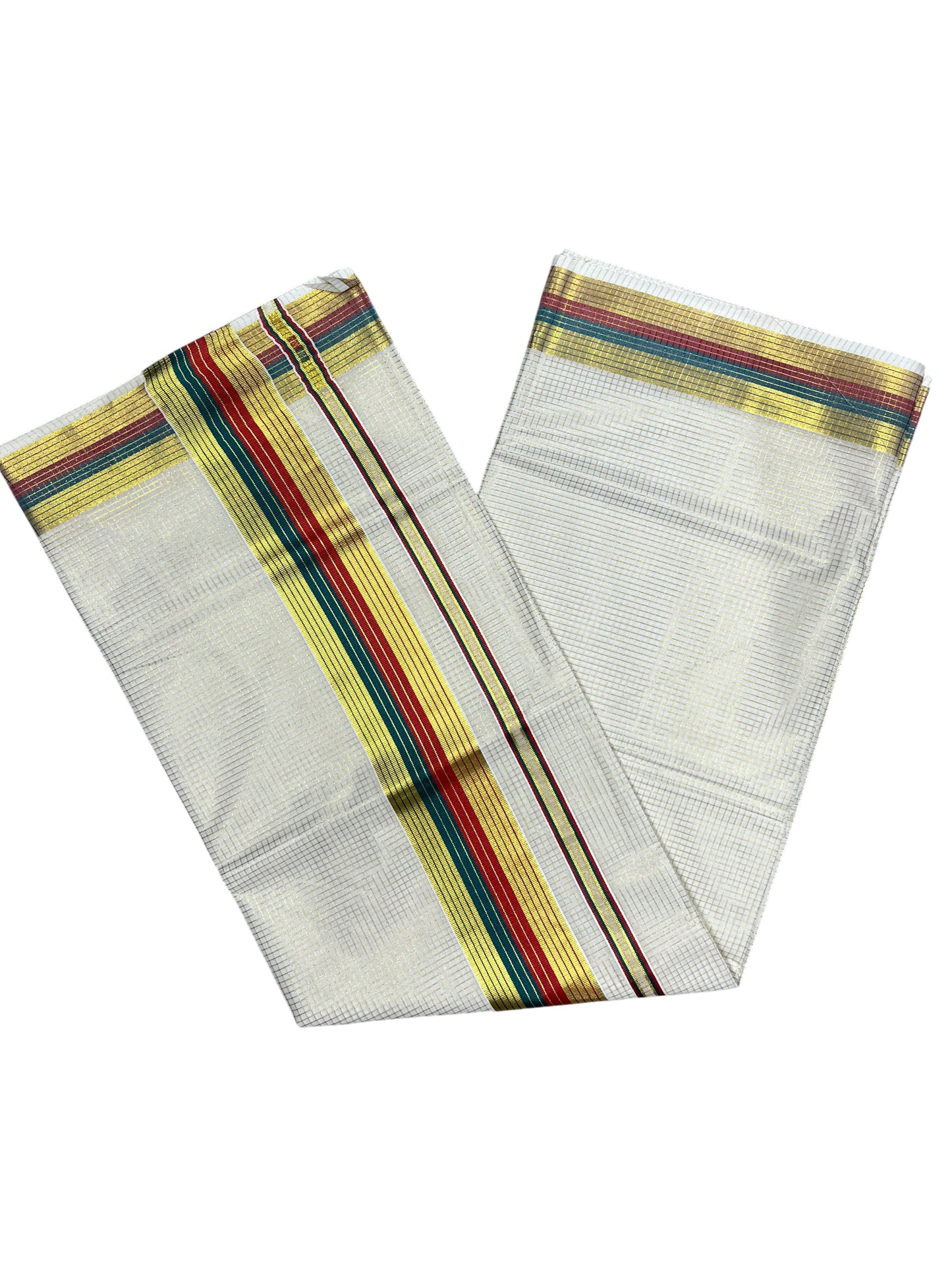 Southloom Kerala Cotton Kasavu Saree with Micro Check Design on Body in Red & Peacock Green Border