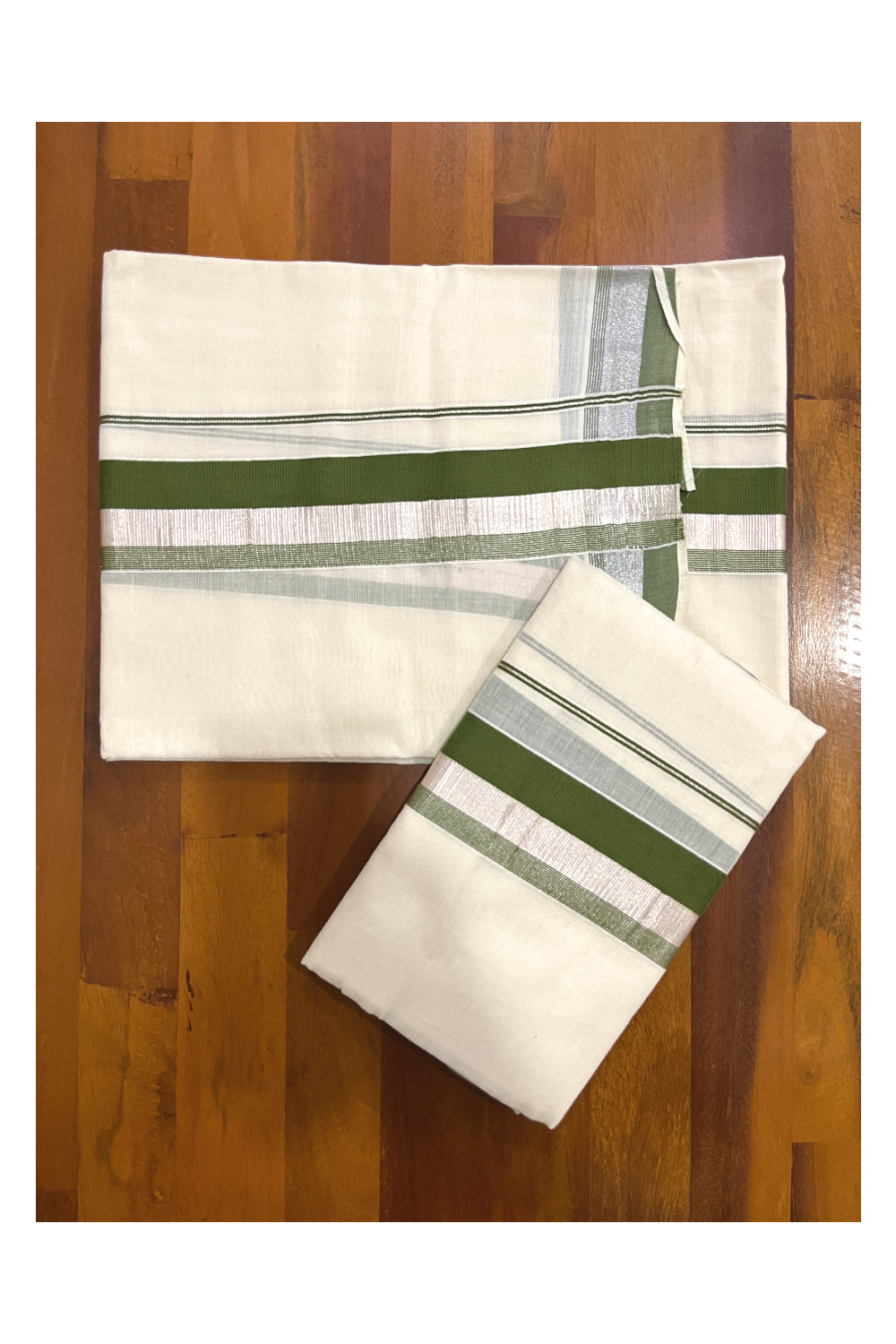 Cotton Silver Kasavu Set Mundu (Mundum Neriyathum) with Green and Silver Kasavu Border 2.80 Mtrs