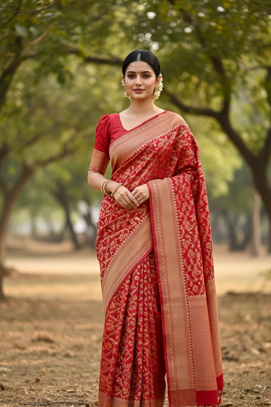 Southloom Cotton Banarasi Silk Saree with Woven Work on Body and Borders (Magenta & Orange)