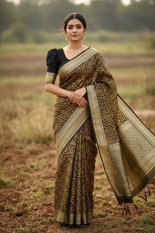 Southloom Cotton Banarasi Silk Saree with Woven Work on Body and Borders (Brown)