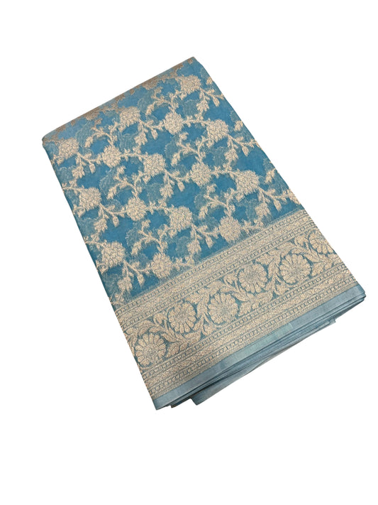 Southloom Cotton Banarasi Silk Saree with Woven Work on Body and Borders(Blue)