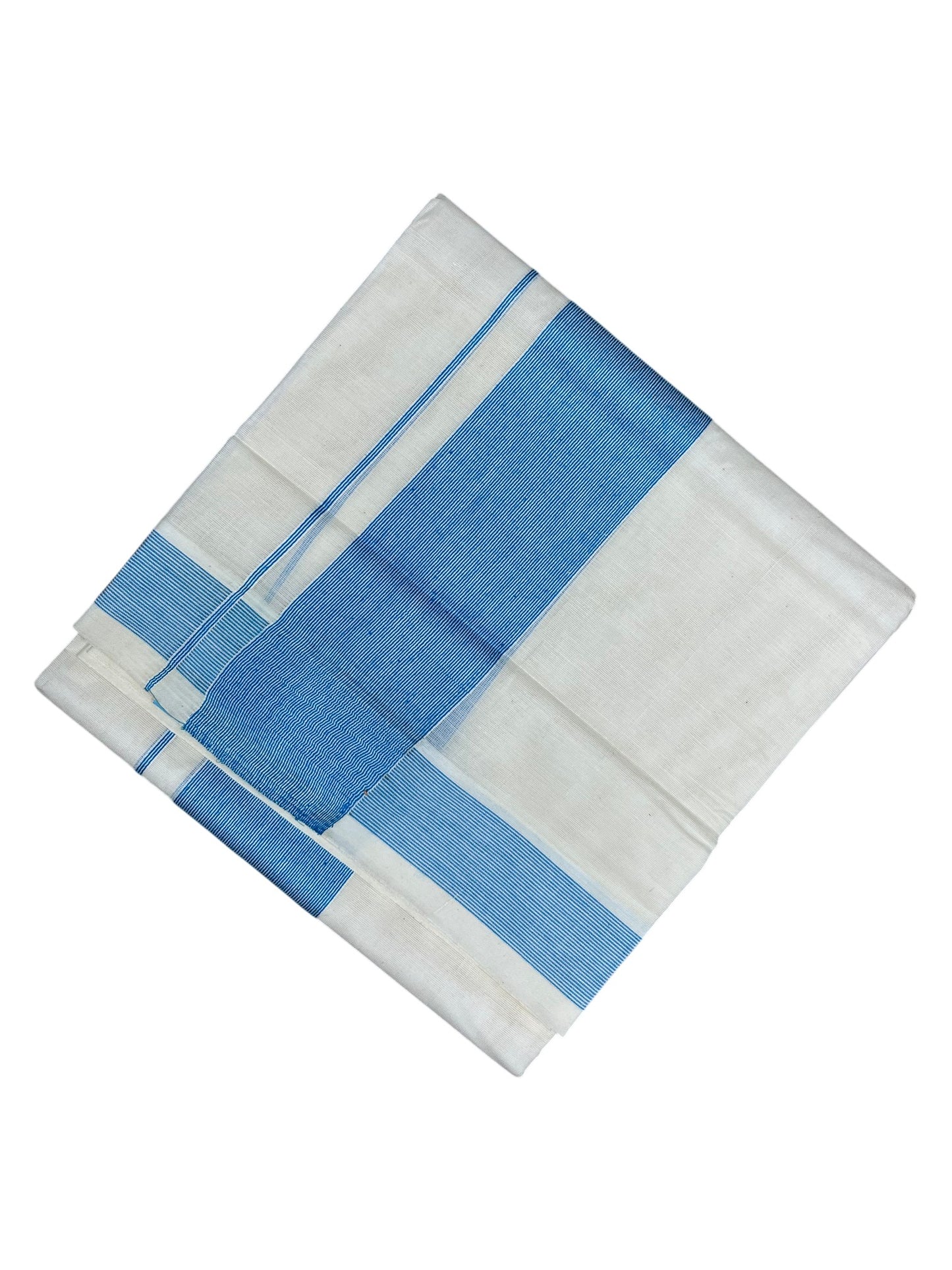 Southloom Kerala Pure Cotton Double Mundu with Blue Lines Border (South Indian Kerala Dhoti)