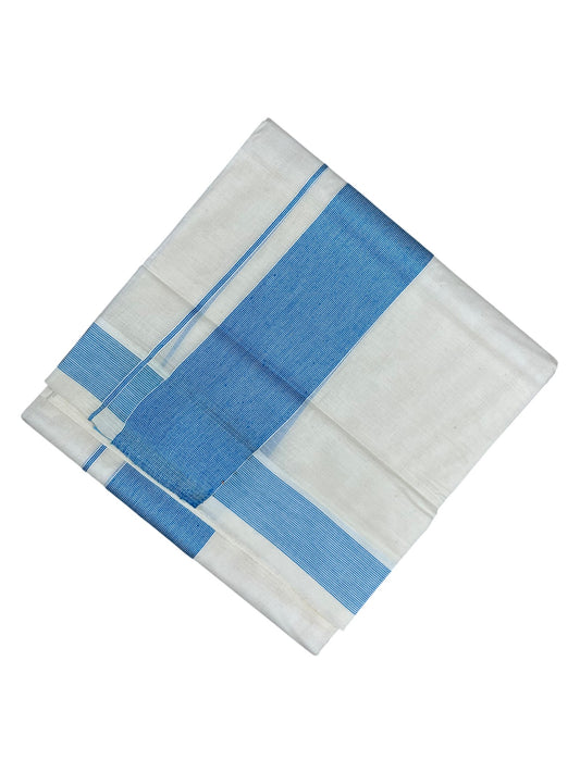 Southloom Kerala Pure Cotton Double Mundu with Blue Lines Border (South Indian Kerala Dhoti)
