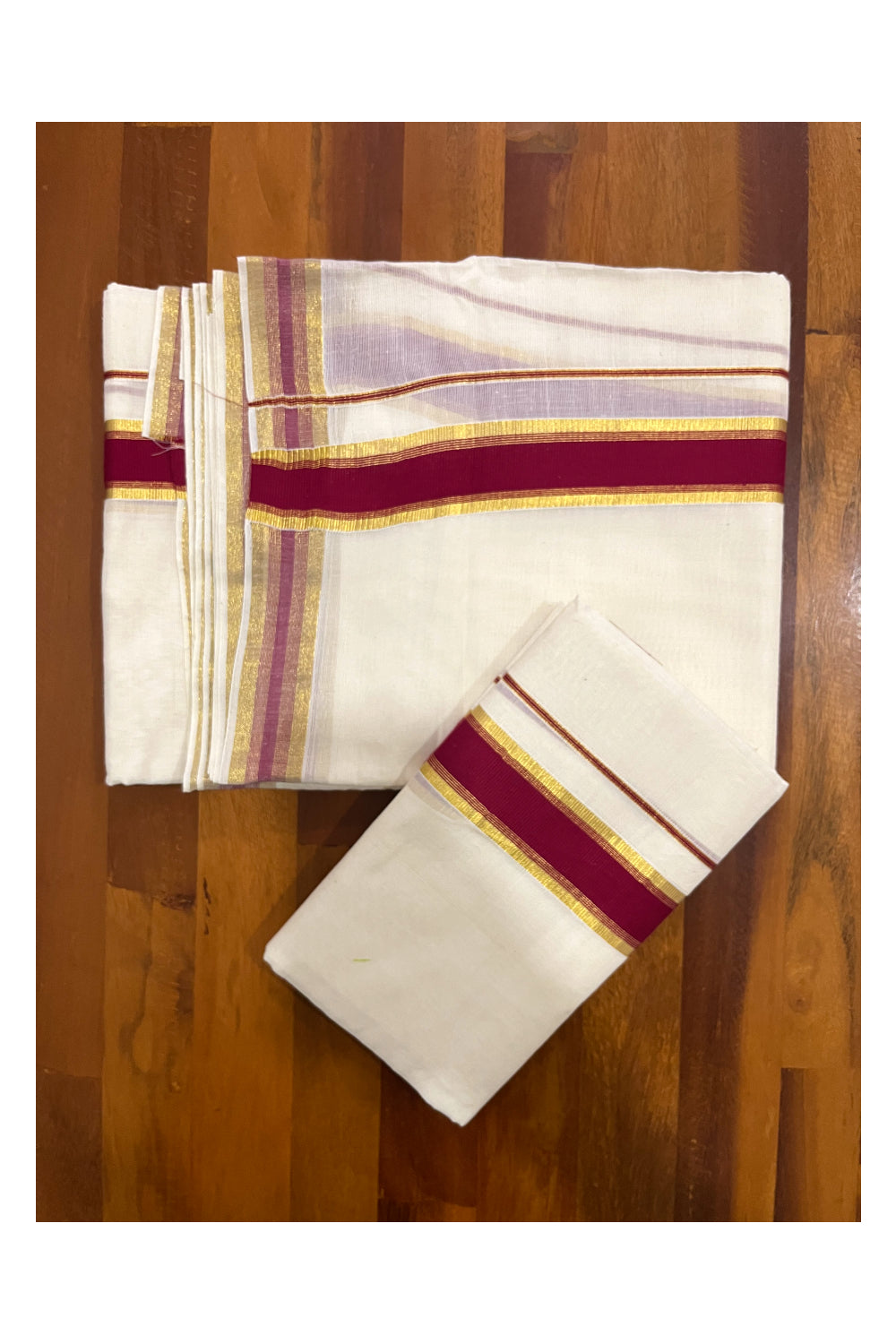 Pure Cotton Mundum Neriyathum Double (Set Mundu) with Maroon and Kasavu Border 2.80 Mtrs