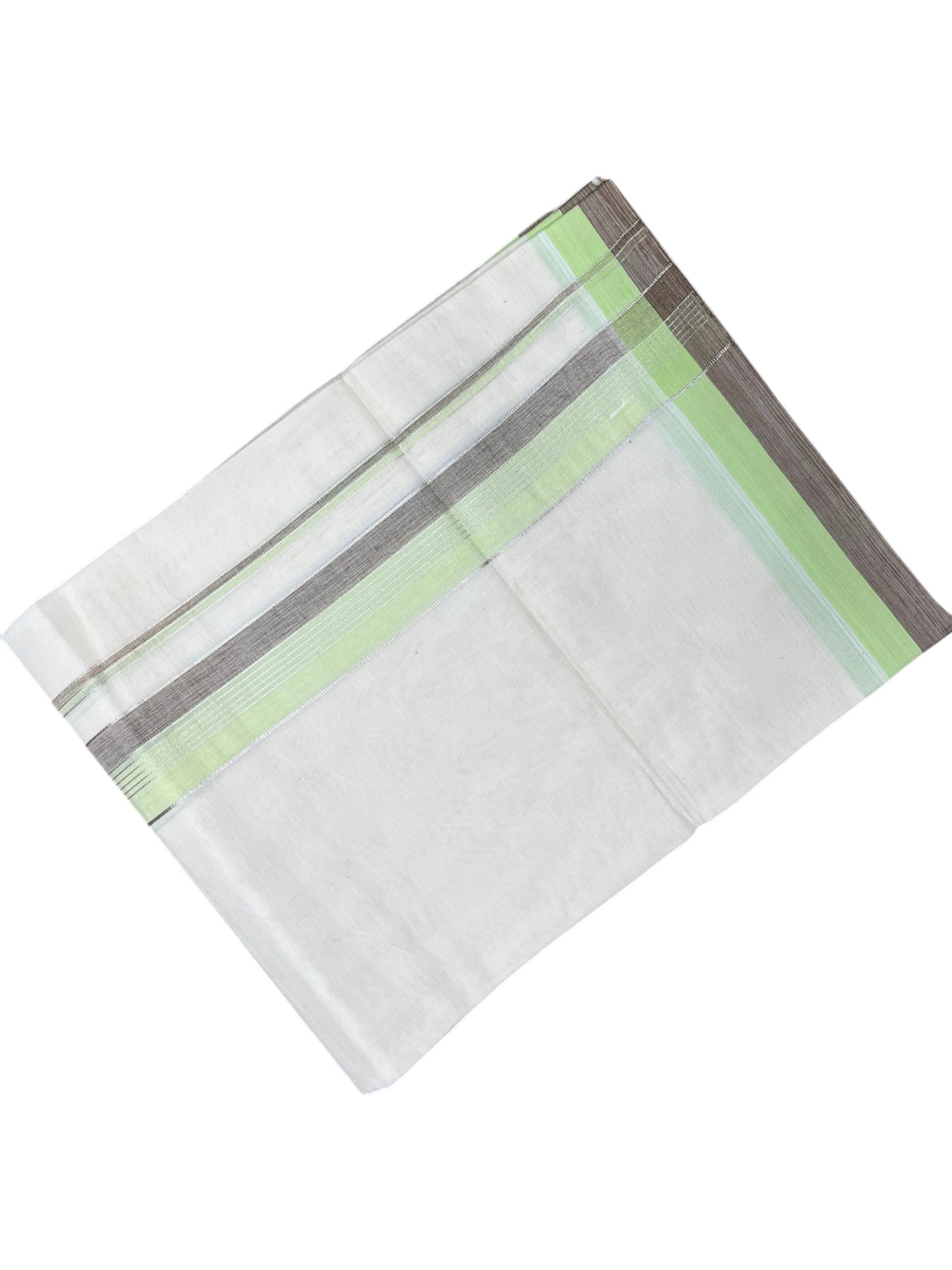 Southloom Kerala Pure Cotton Double Mundu with Silver Lines and Green and Grey Border with (South Indian Dhoti)