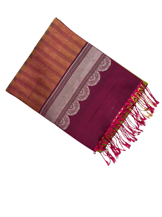 Southloom Pure Handloom Bridal Kanchipuram Silk Saree with Korvai Work (Olive Green & Magenta)