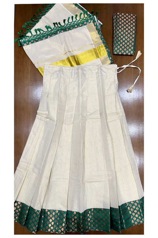 Southloom Semi Stitched Tissue Dhavani Set with Green Border and Blouse Piece