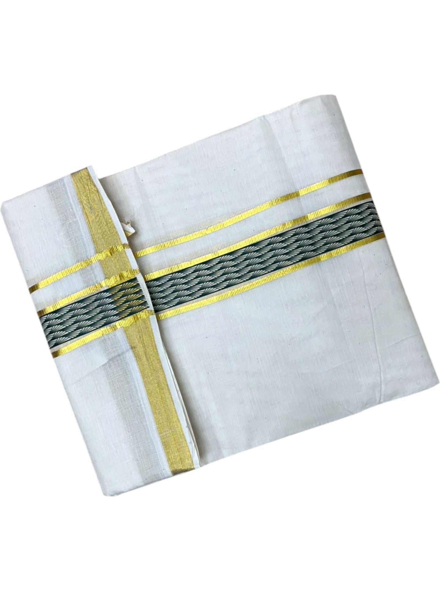 Southloom Pure Cotton Double Mundu with Green Block Printed And Ksavu Border (South Indian Kerala Dhoti)