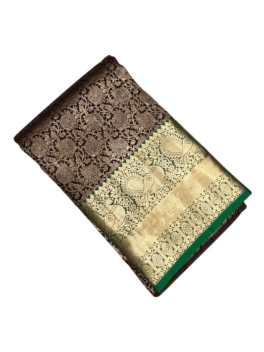 Southloom Pure Handloom Bridal Kanchipuram Silk Saree with Korvai Work (Brown & Green)
