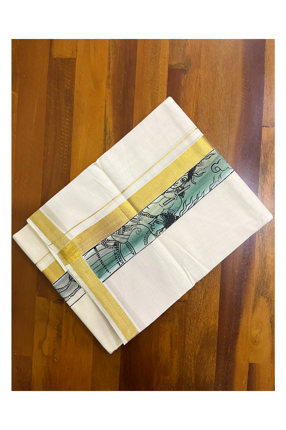 Kerala Pure Cotton Double Mundu with Mural Hand Painted Design on Kasavu Border (South Indian Kerala Dhoti)