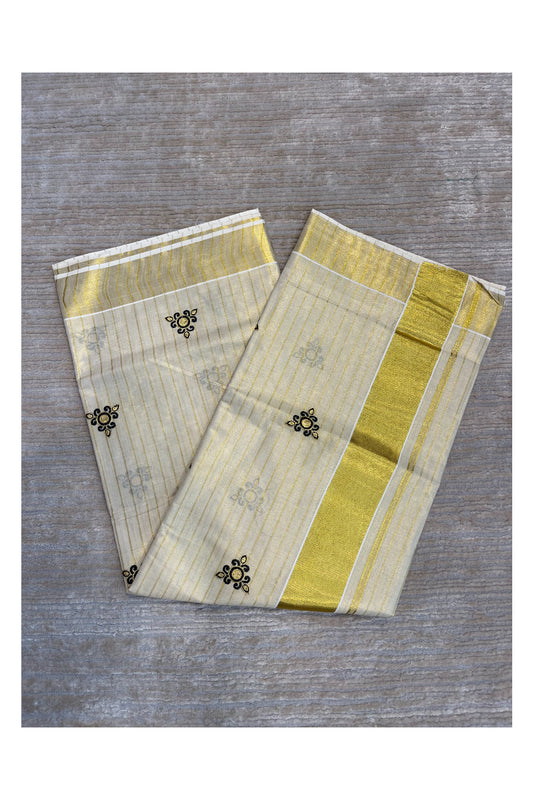 Southloom Kerala Tissue Kasavu Lines Saree with Black Embroidery Works