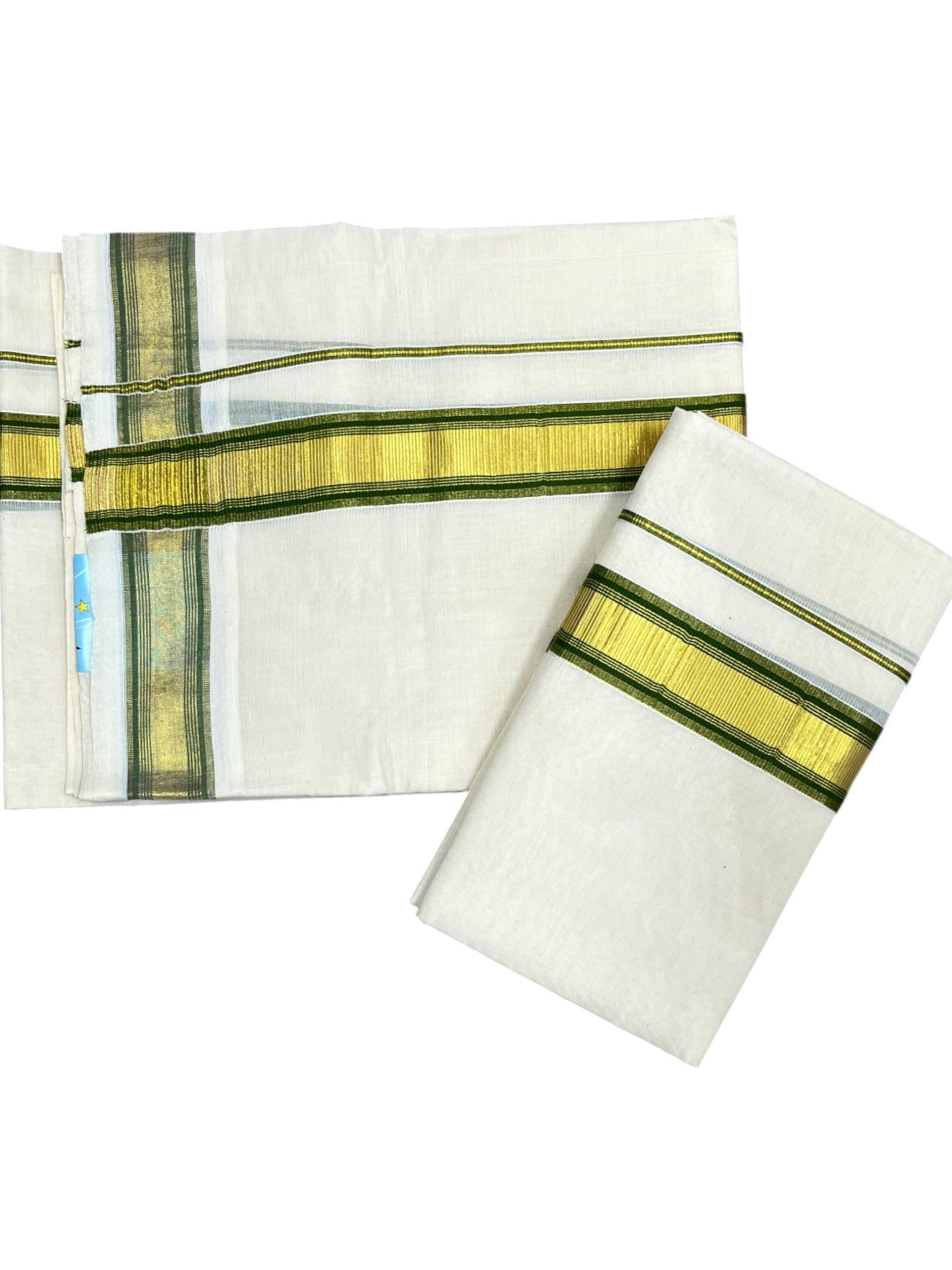 Kerala Cotton Set Mundu (Mundum Neriyathum) with Kasavu and Olive Green Border 2.80 Mtrs SLKK SL470