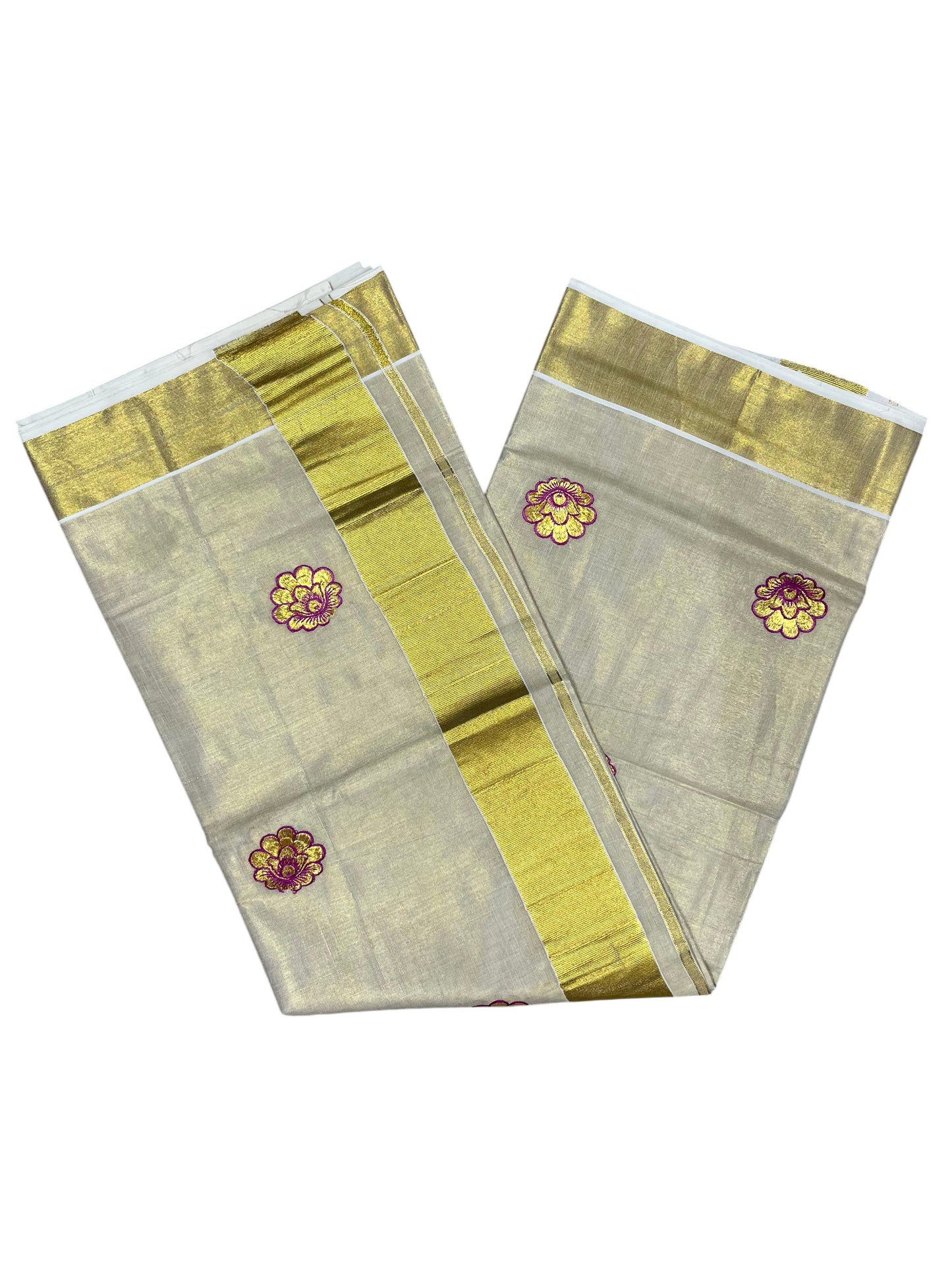 Southloom Kerala Tissue Kasavu Saree with Magenta Floral Embroidery Work on Body