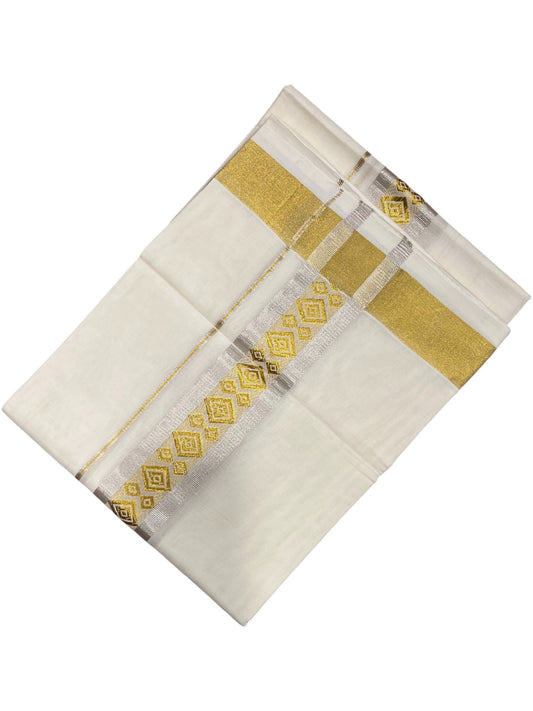 Southloom Premium Handloom Cotton Double Mundu with Gold And Silver Kasavu Border