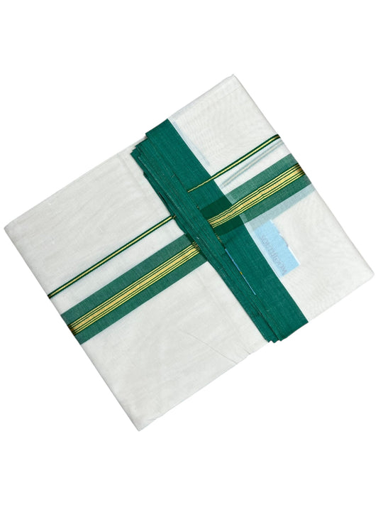 Southloom Pure Cotton Mundu with Gold Lines and Green Border (South Indian Kerala Dhoti)