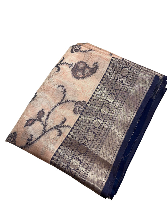 Southloom Tissue Silk Saree with Woven Work on Body and Borders (Peach & Blue)