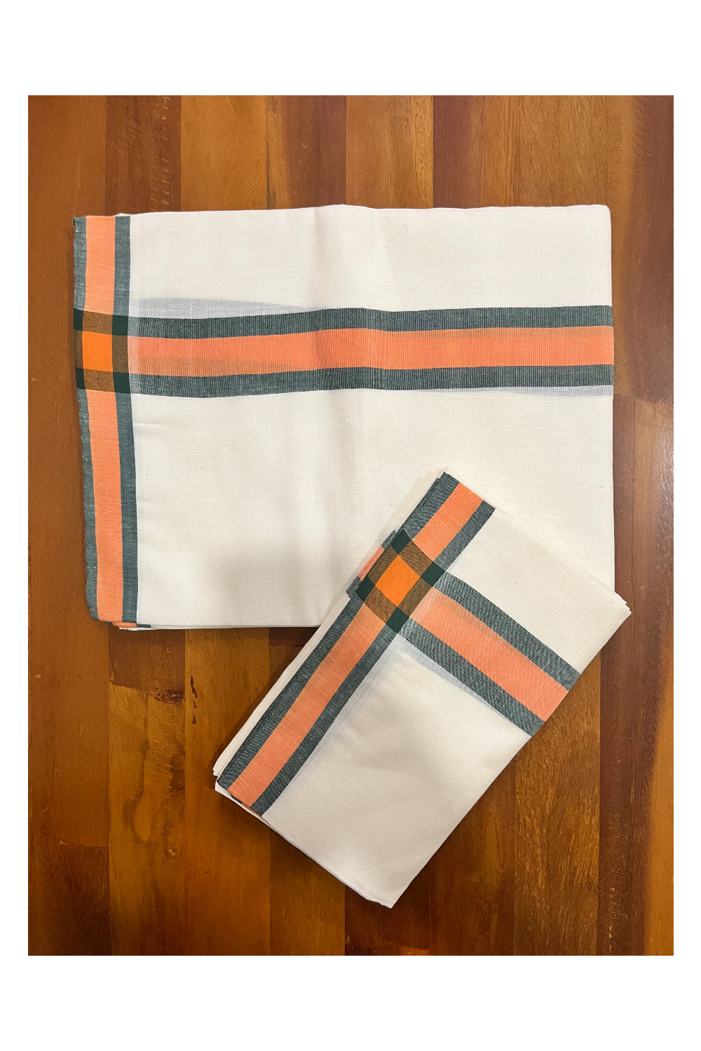 Kerala Mulloth Cotton Single Mundum Neriyathum with Orange Green Border 2.80 Mtrs (Extra Soft Cotton)