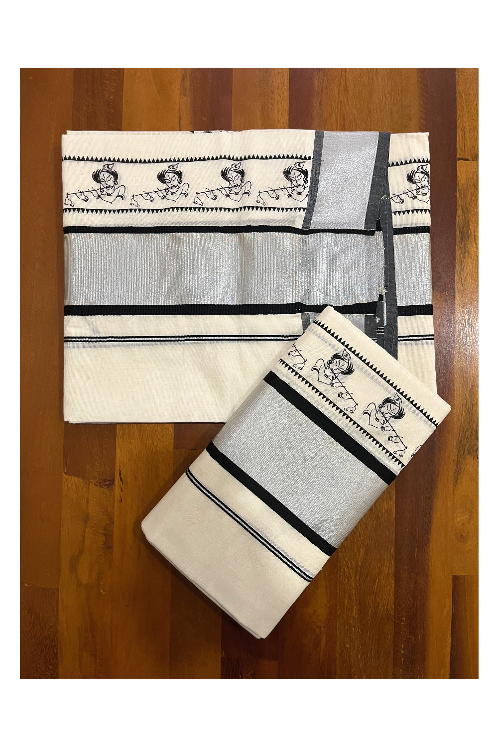 Pure Cotton Kerala Single Set Mundu (Mundum Neriyathum) with Black Block Printed Silver Kasavu Border