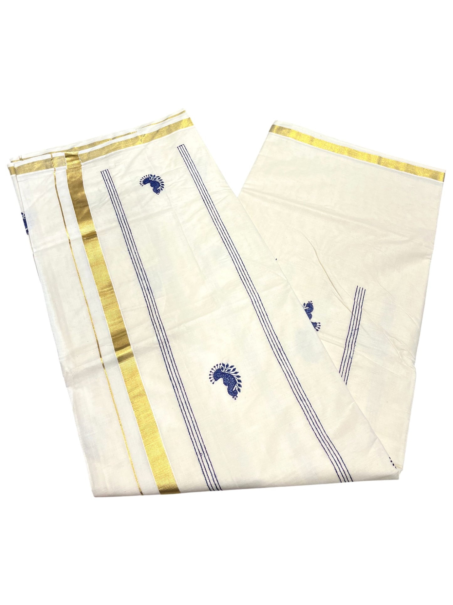 Southloom Kerala Cotton Kasavu Saree with Peacock Embroidery Works Across Body